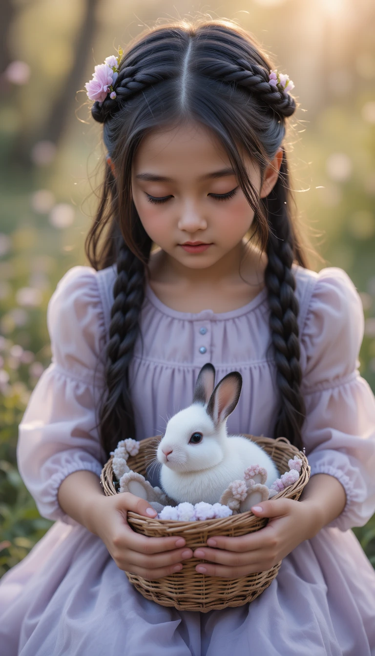Niña joven con vestido lavanda sosteniendo un conejo en una canasta