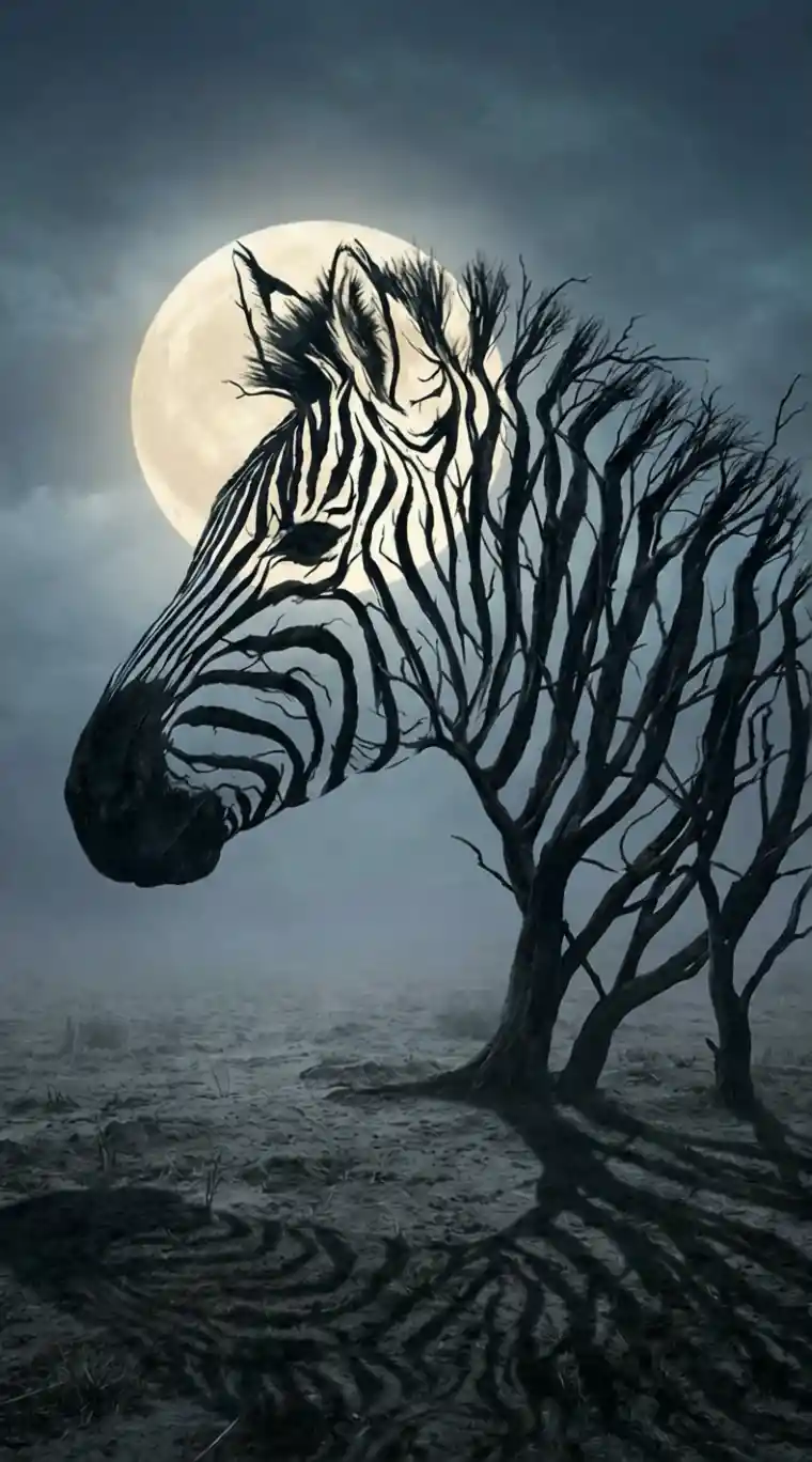 Surreal Zebra Profile Formed By Bare Moonlit Trees