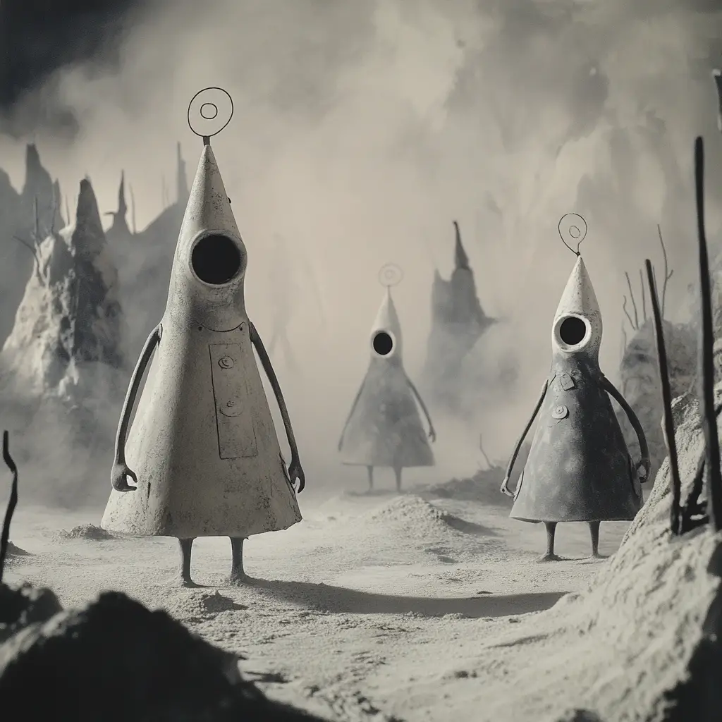 Caminantes alienígenas surrealistas en una base subterránea neblinosa