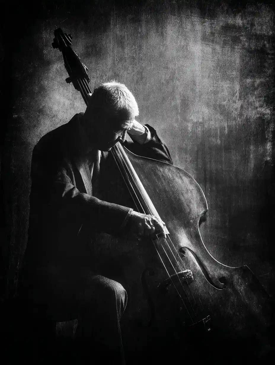 Älterer Musiker spielt Kontrabass in dramatischem Porträt