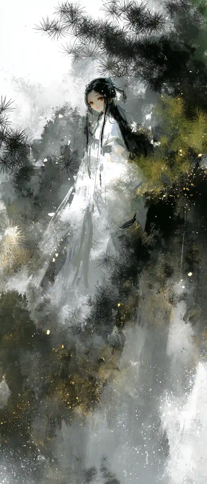 Anime guardian spirit in white hanfu above misty pine cliffs