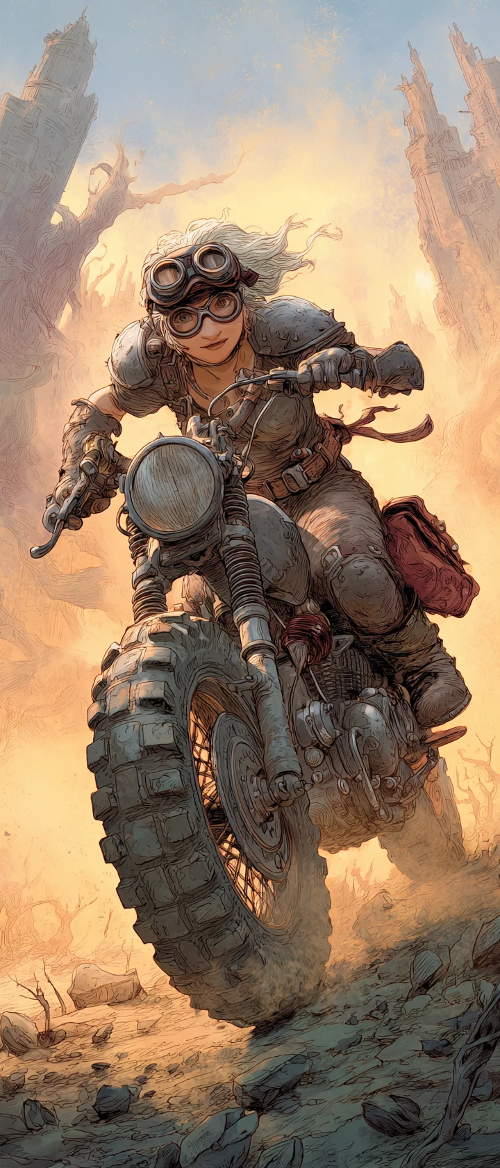 Post apocalyptic woman racing a motorcycle through wasteland