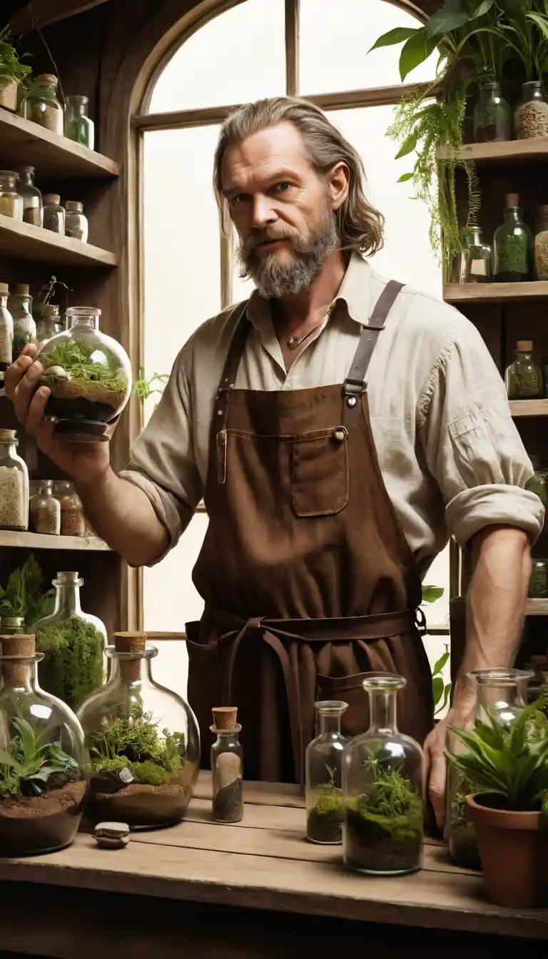 Middle aged botanist holding a glass terrarium in shop