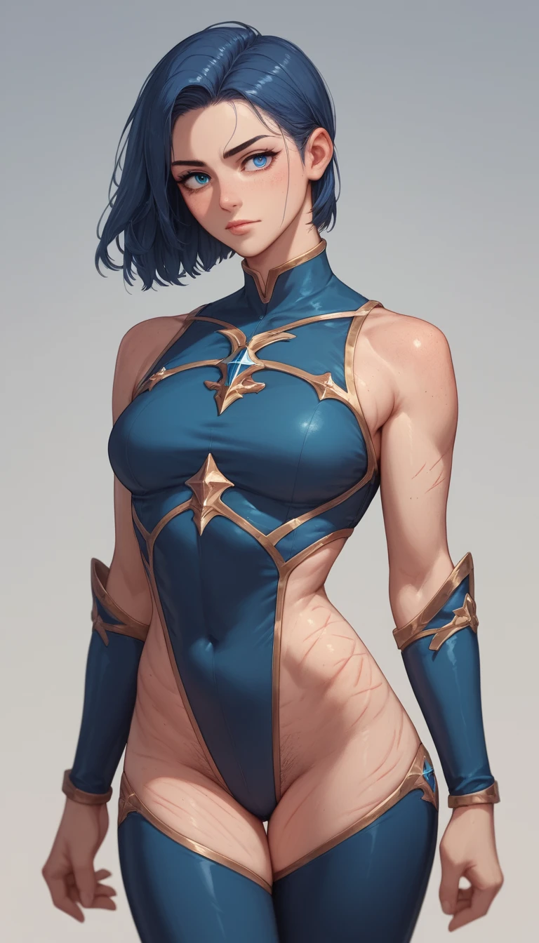 Héroïne guerrière d’anime aux yeux bleus et cicatrices de bataille