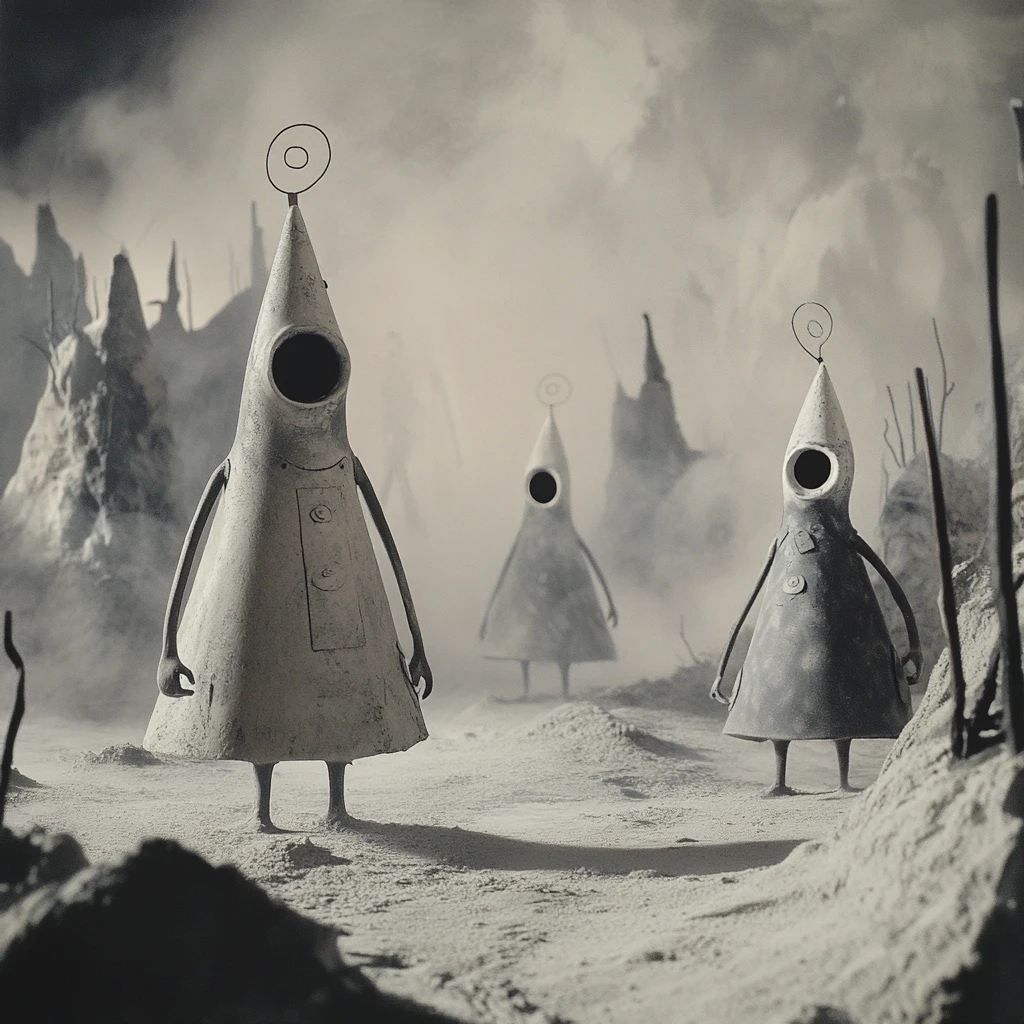 Caminantes alienígenas surrealistas en una base subterránea neblinosa