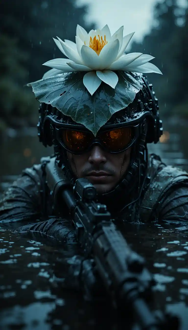 Commando Rising From Dark River With Lily Camouflage