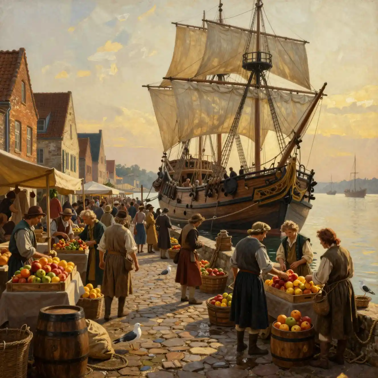 Bustling Seventeenth Century Harbor Market At Golden Hour