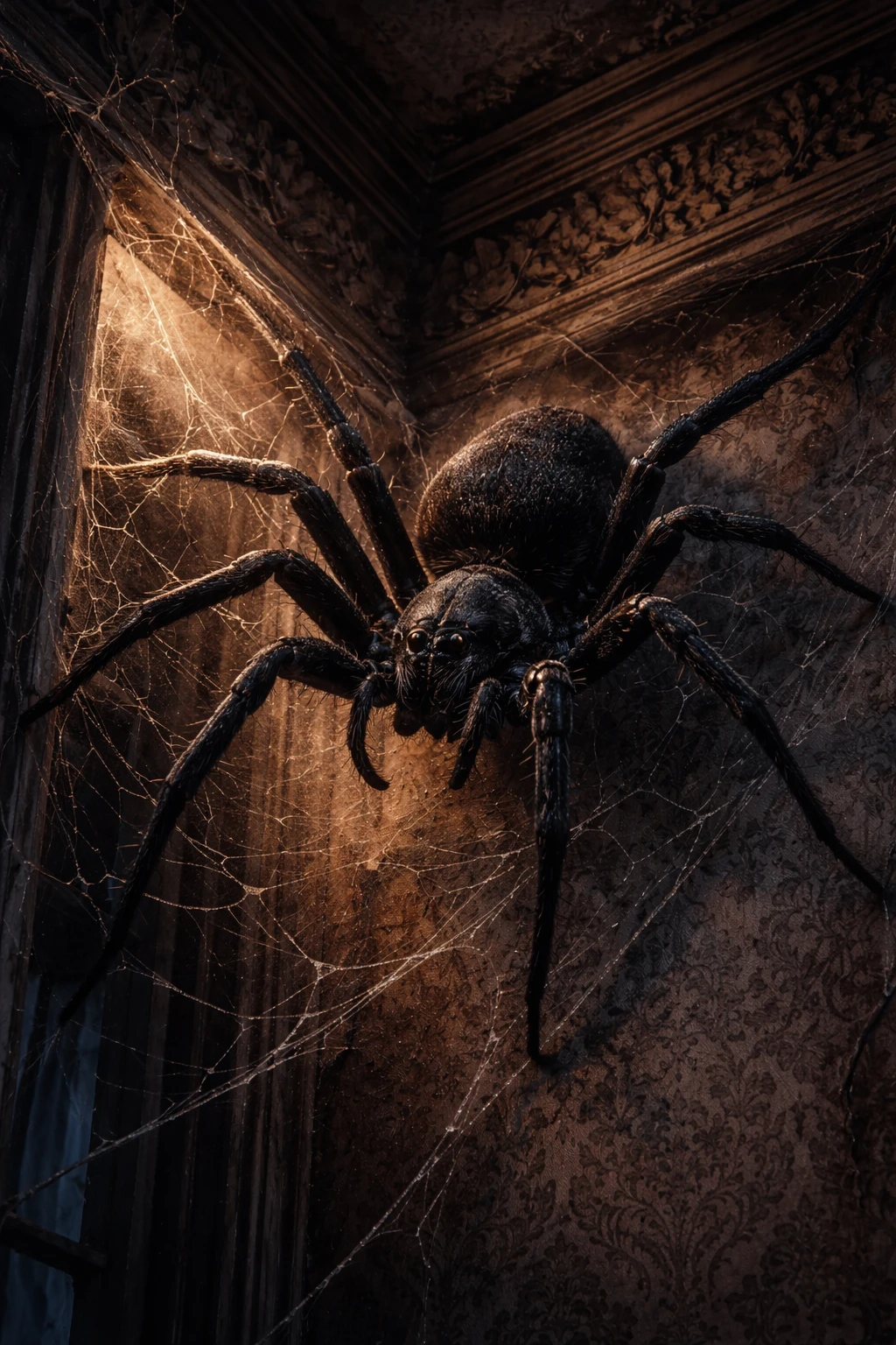 Aranha preta na teia em parede interna vitoriana deteriorada