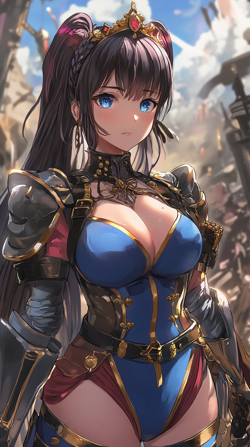 Determined brunette anime warrior in sleek armor close up
