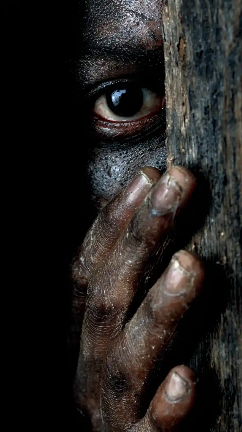 Human eye and clenched hand peering through wooden crack