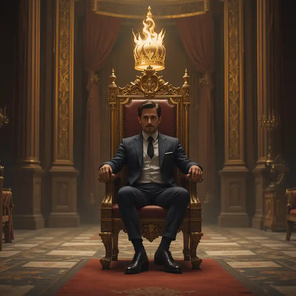 Confident man walking forward toward a royal golden throne