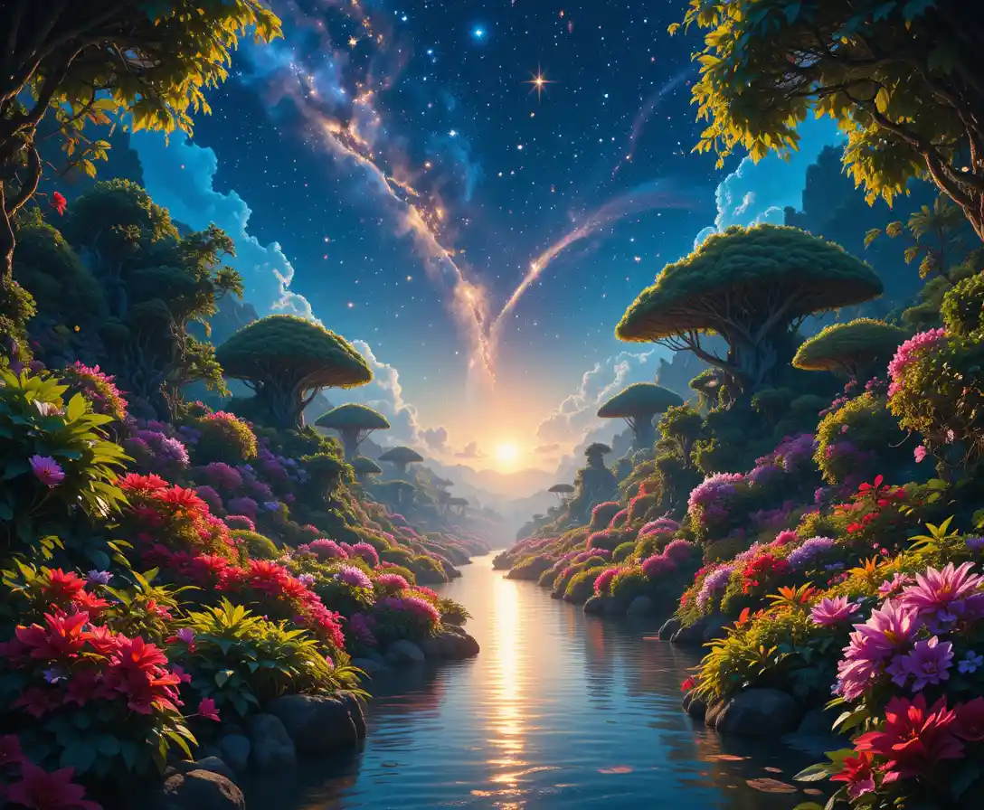 Jardim de fantasia estrelado com rios e flora vibrante e exuberante