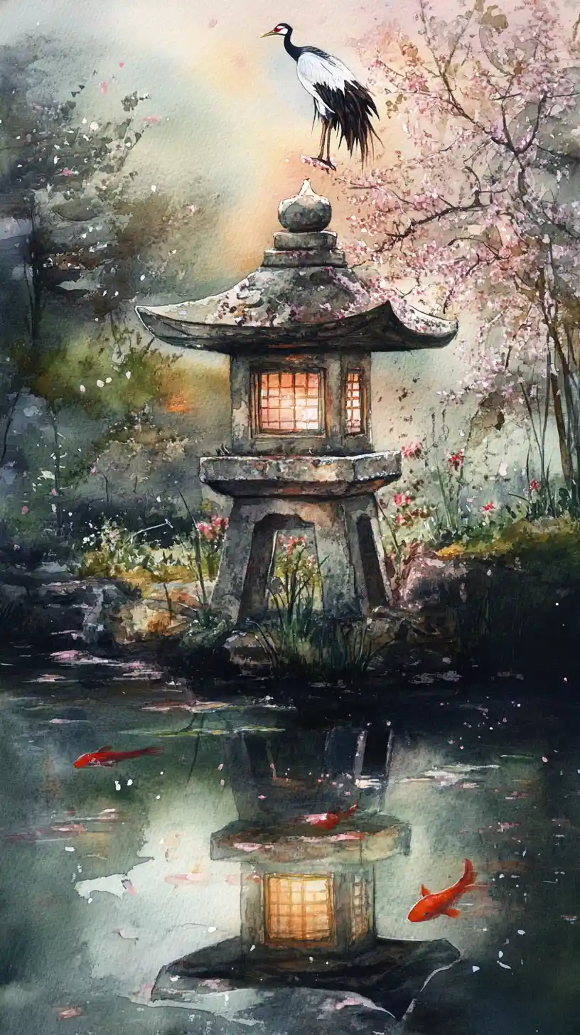 Sereno giardino giapponese con gru e laghetto di koi illuminato da lanterna