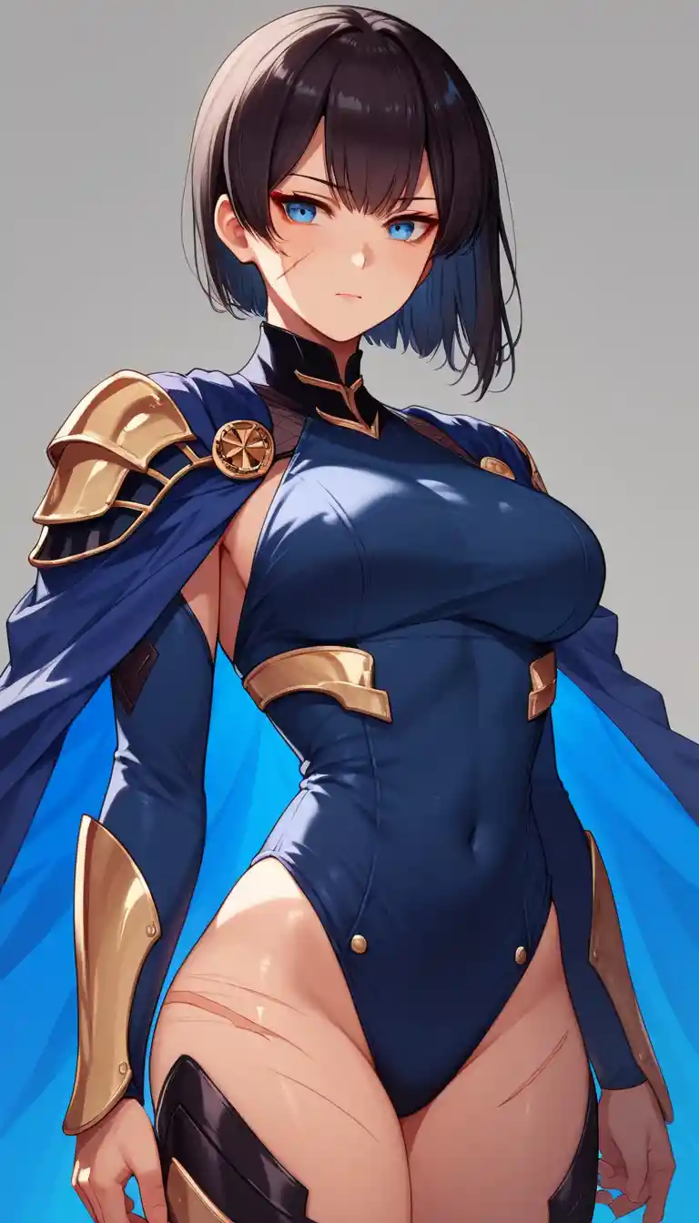 Eroina anime sicura di sé in elegante armatura con occhi azzurri