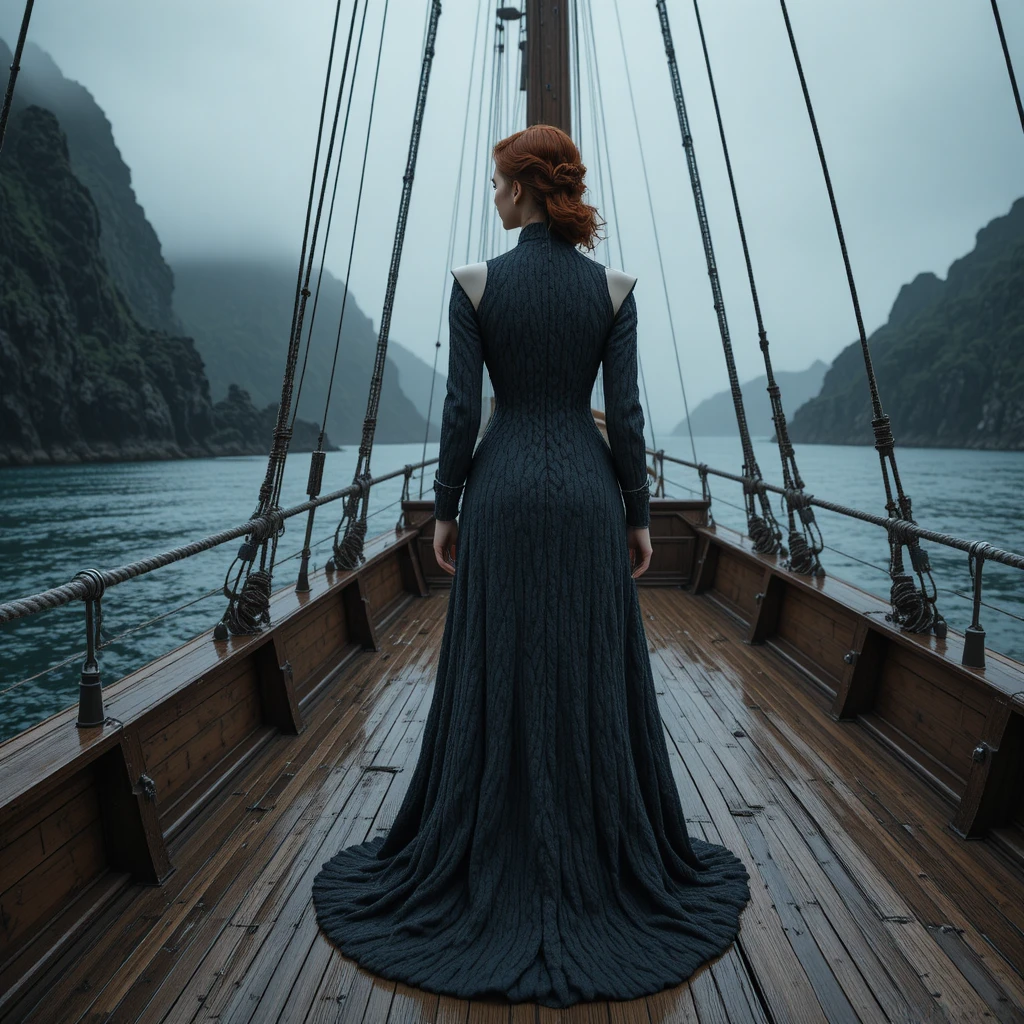 Korean woman on a sailing ship facing a misty coastline