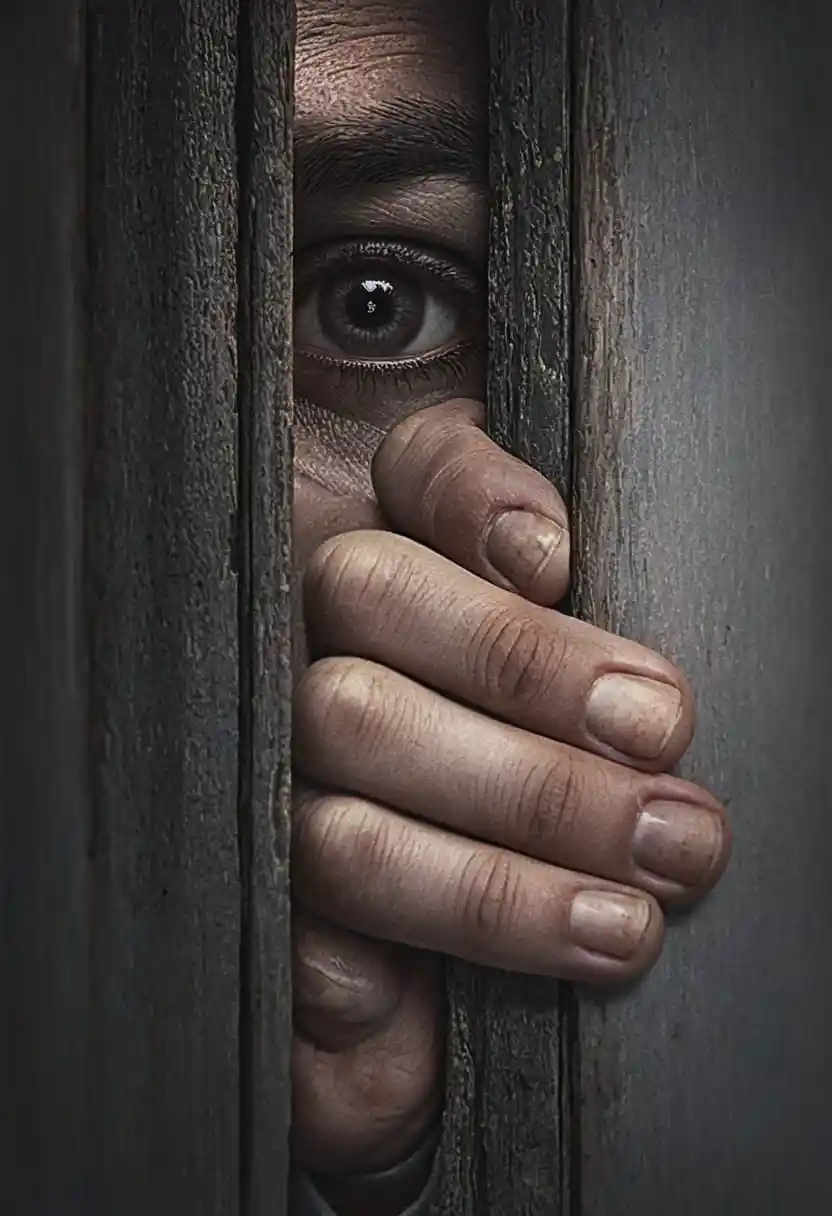Human eye and hand gripping through a narrow wooden crack