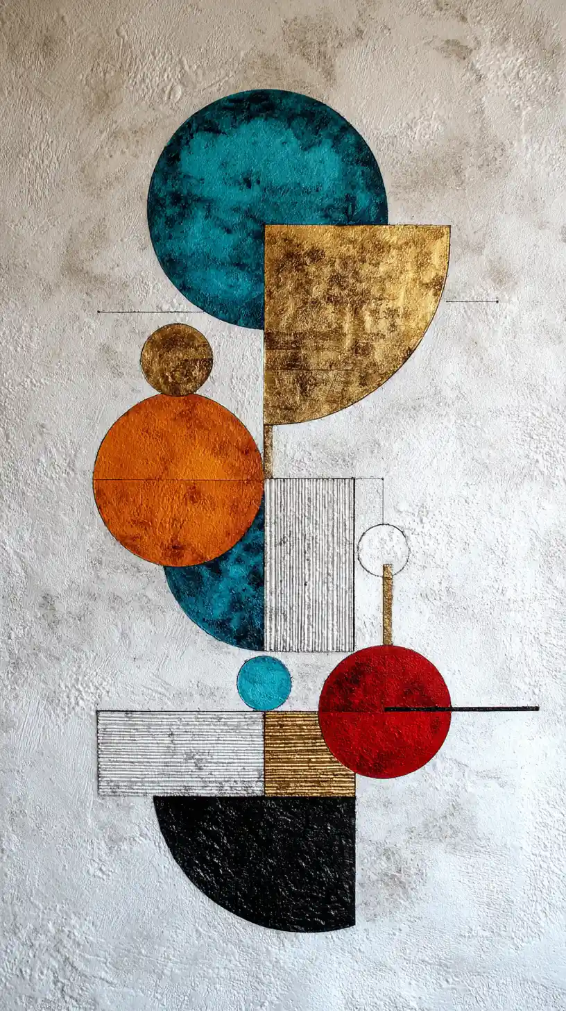 Murale astratto geometrico testurizzato con forme circolari sovrapposte