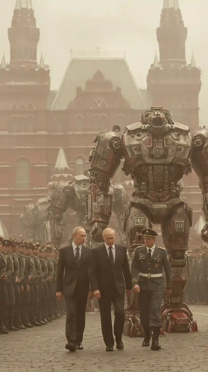 Futuristische Mechs auf einem nebligen Moskauer Stadtplatz aufgereiht