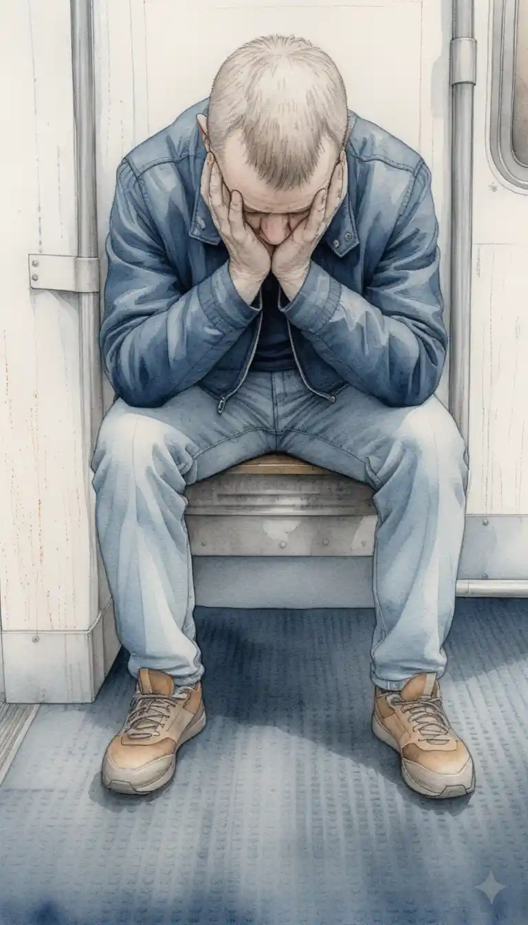 Schizzo di uomo con il viso tra le mani su panchina della metro