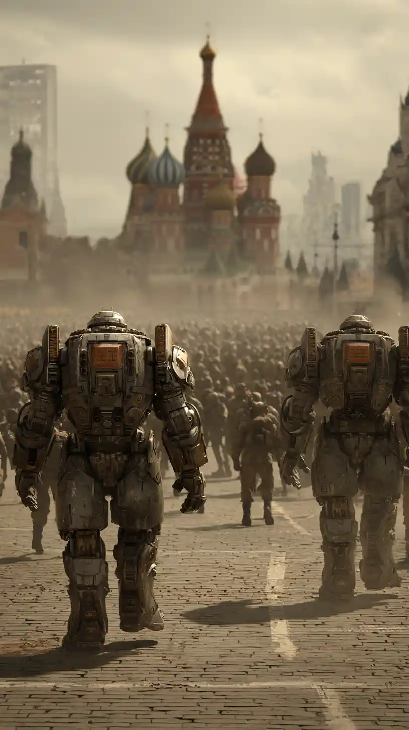 Futuristic mecha clash with soldiers in Moscow city square