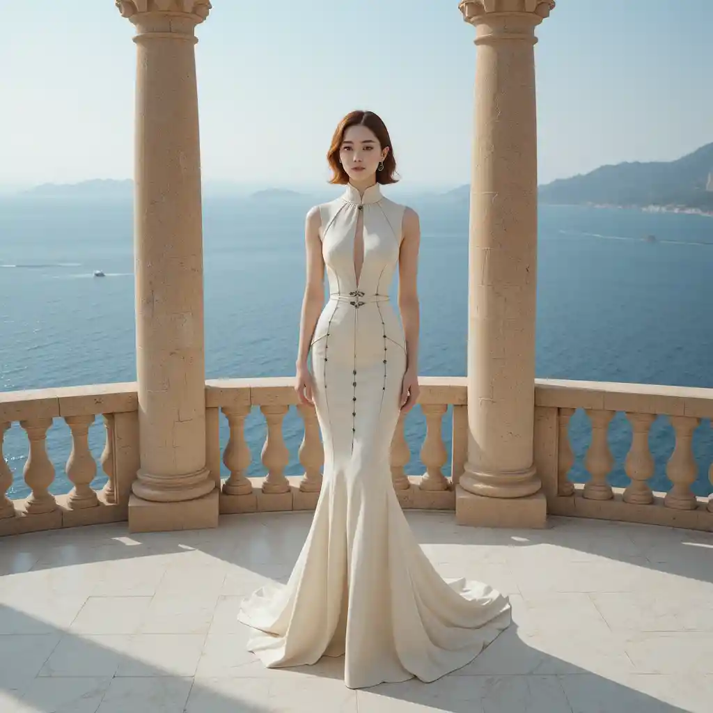 Elegante donna in abito color avorio su una terrazza mediterranea