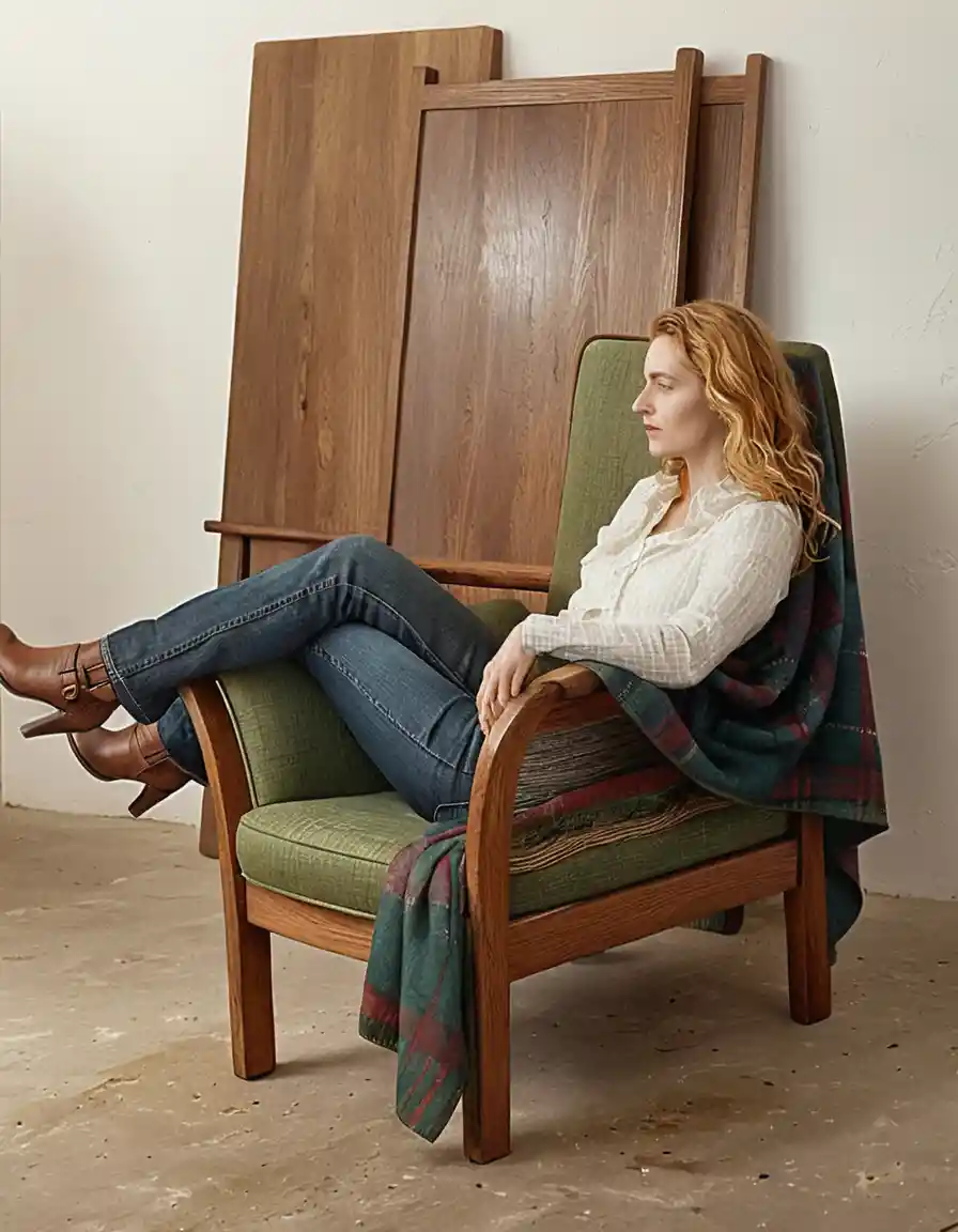 Woman lounging in a vintage chair in an artist studio