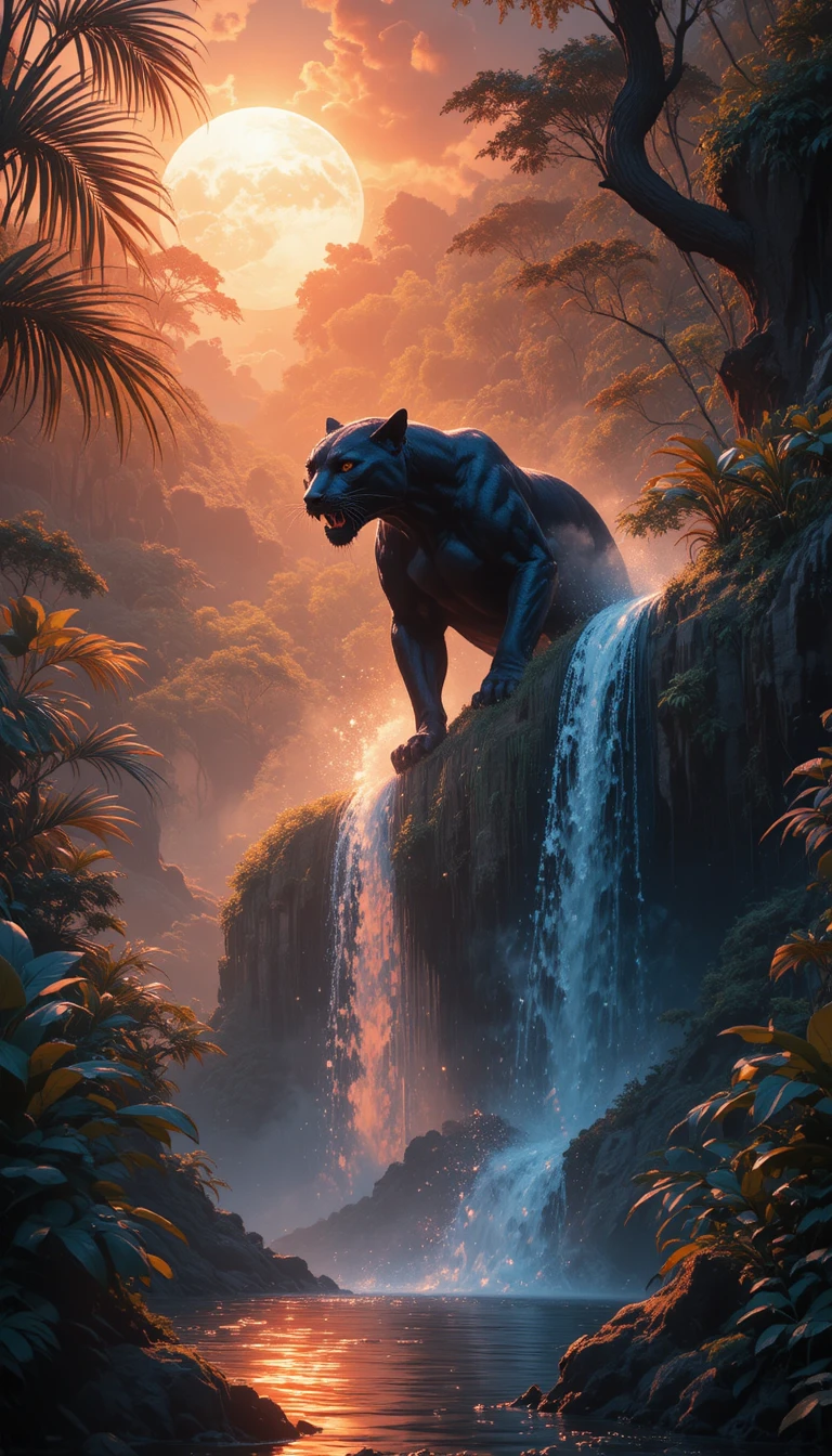 Pantera nera che emerge da una cascata al tramonto tropicale