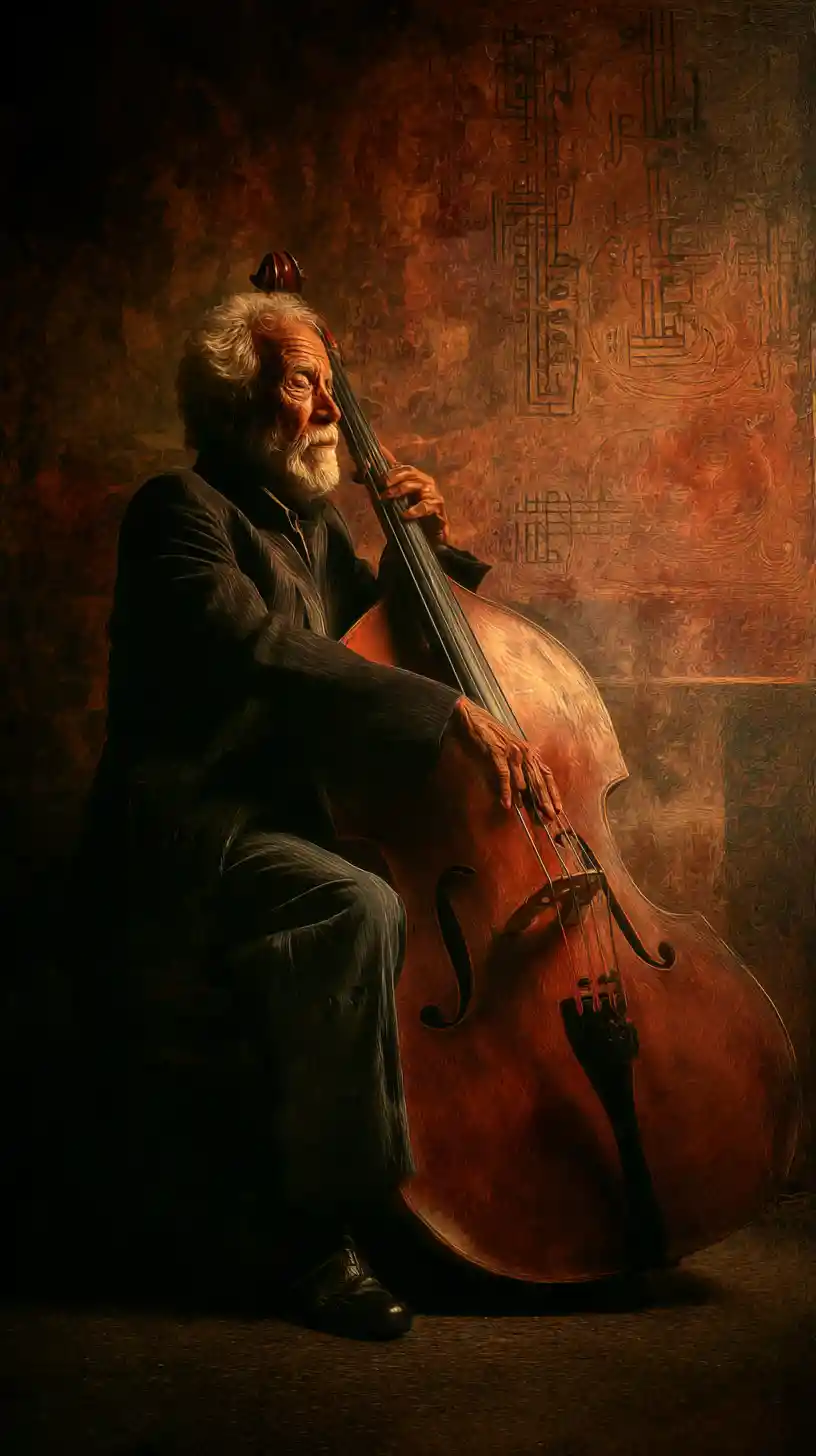 Elderly double bass player absorbed in soulful music