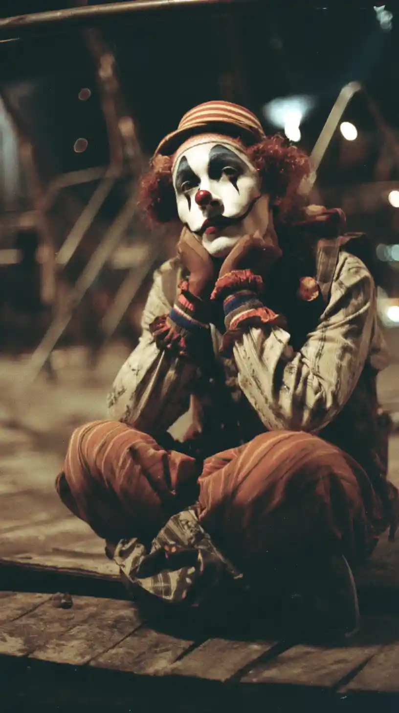 Sad clown resting alone at the edge of a circus ring