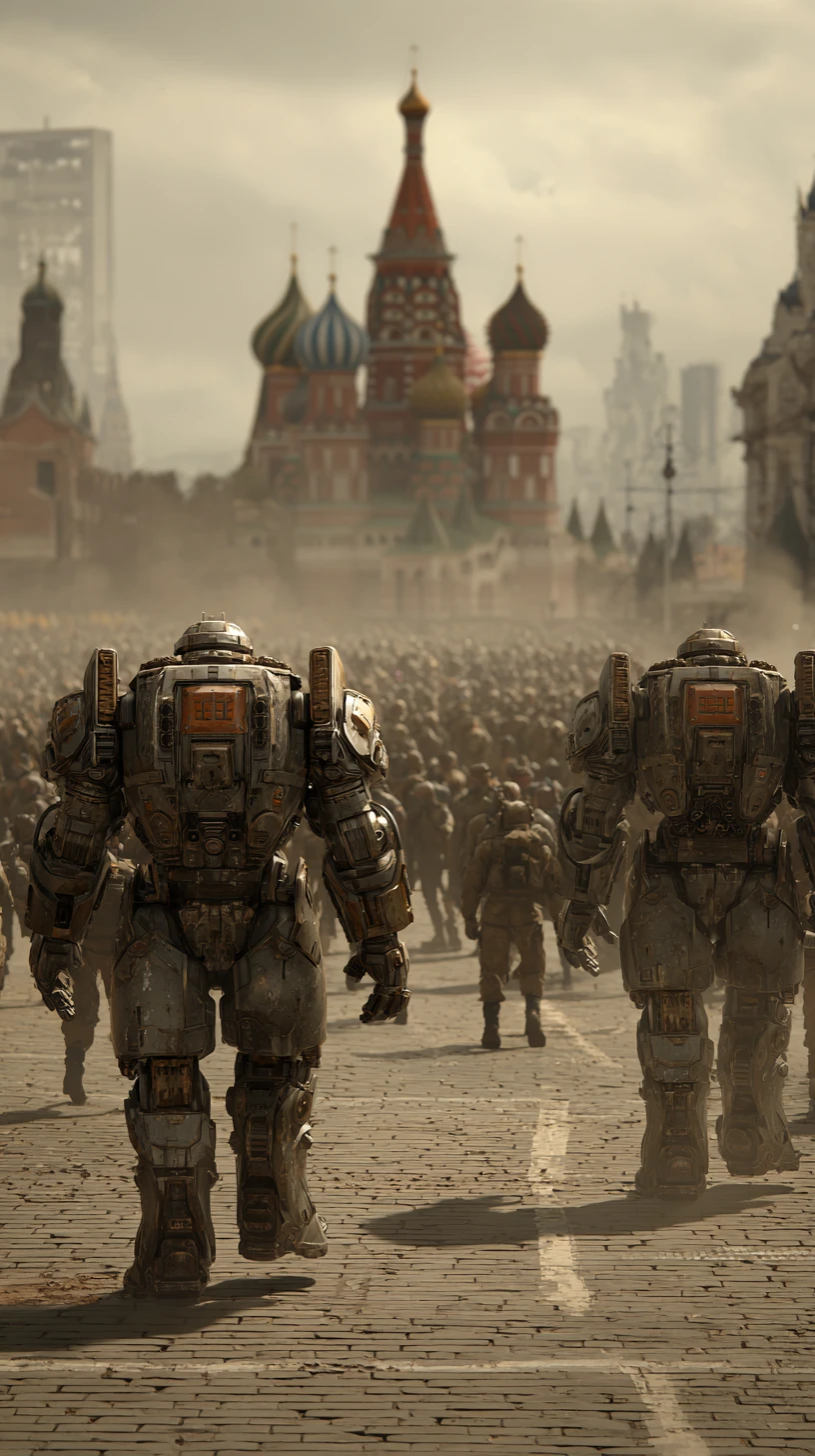 Futuristic mecha clash with soldiers in Moscow city square
