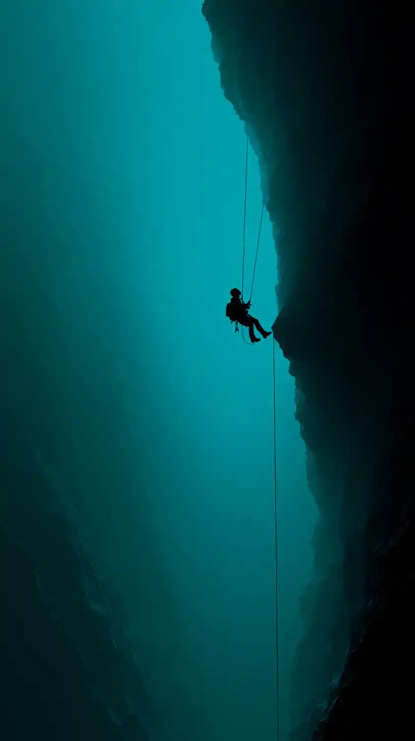 Silhouetted climber hanging over a blue green underwater abyss