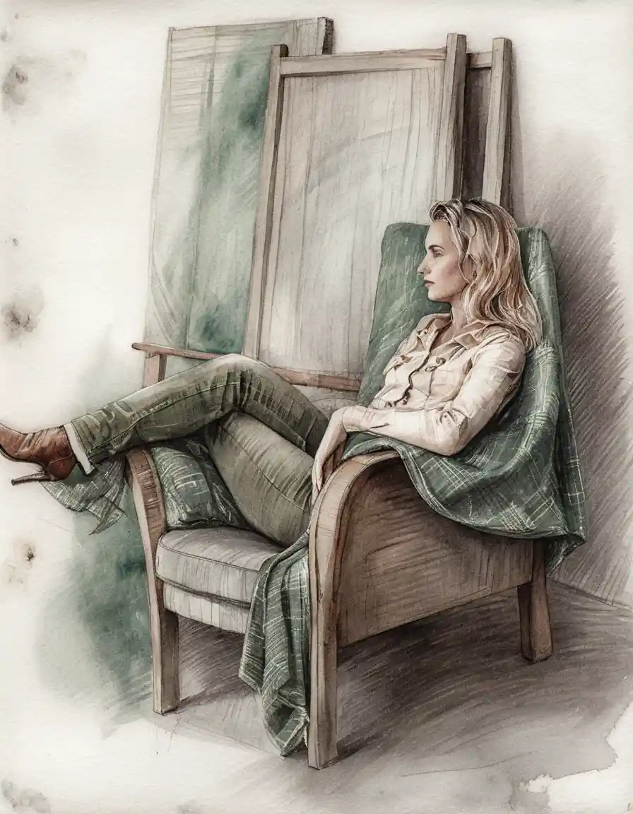 Woman lounging in vintage armchair in quiet studio