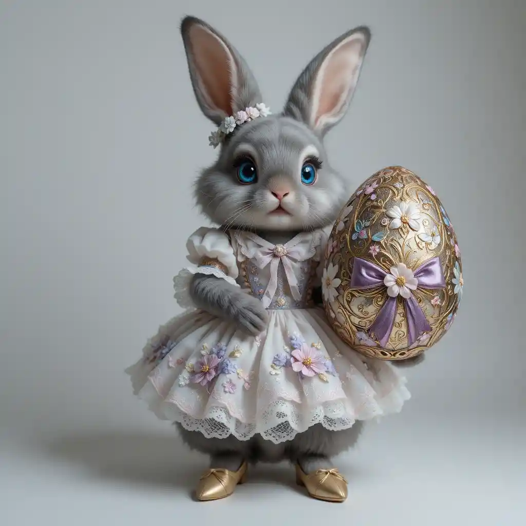 Elegante coniglio d'angora in abito floreale con uovo di Pasqua