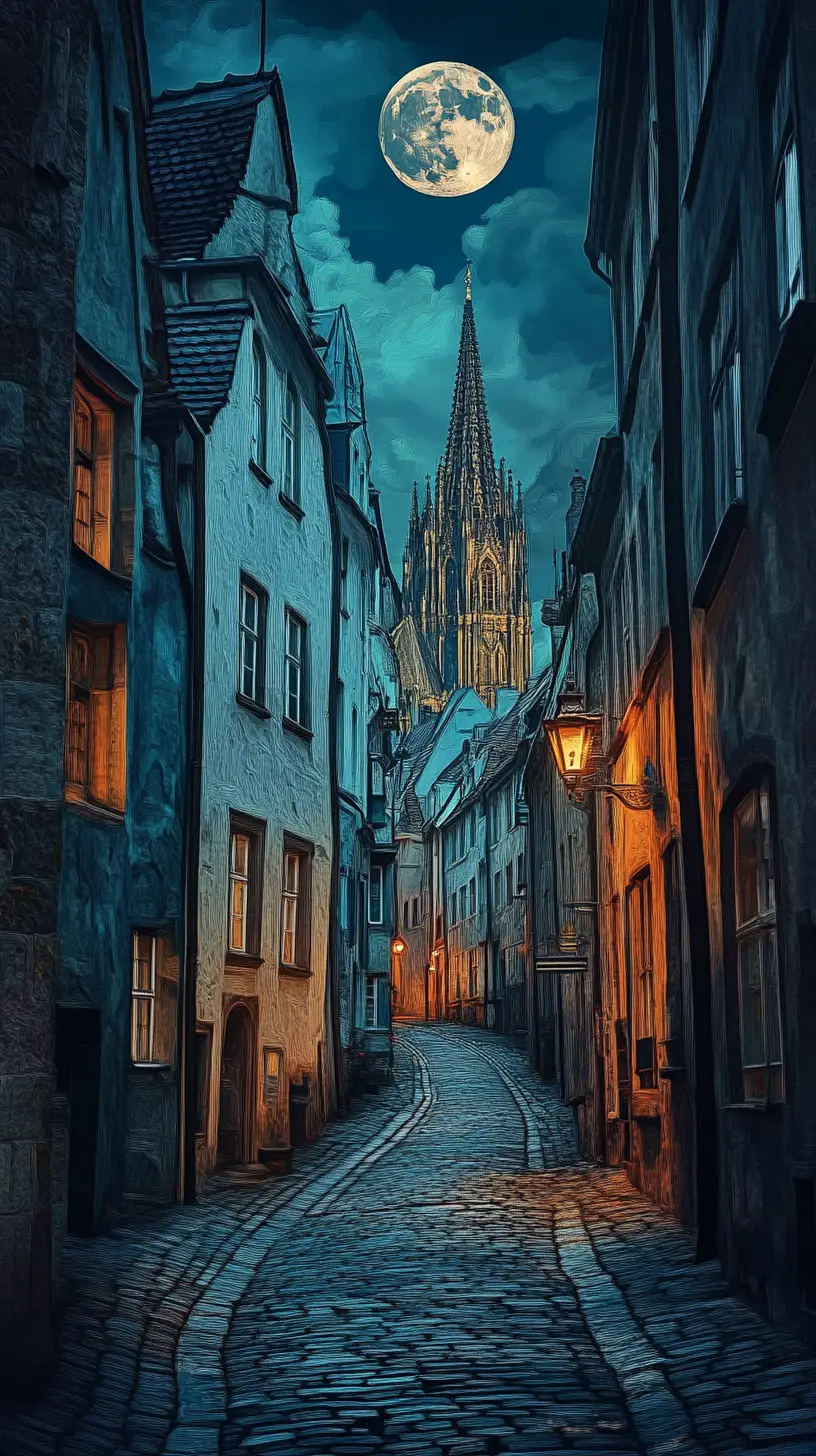 Moonlit european street leading toward a distant gothic cathedral