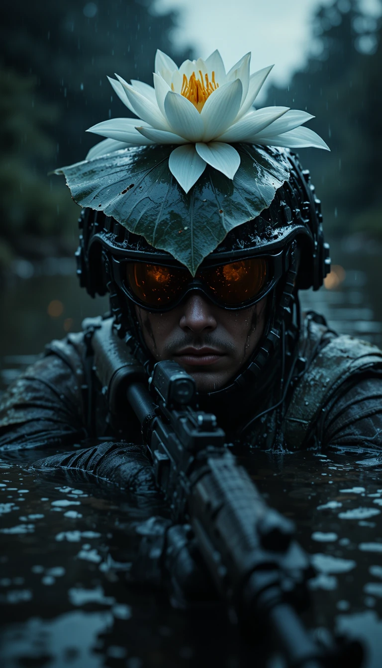Commando Rising From Dark River With Lily Camouflage