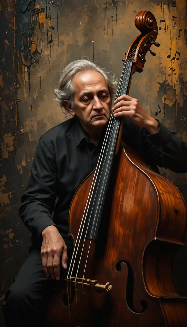 Elderly double bass player lost in soulful performance