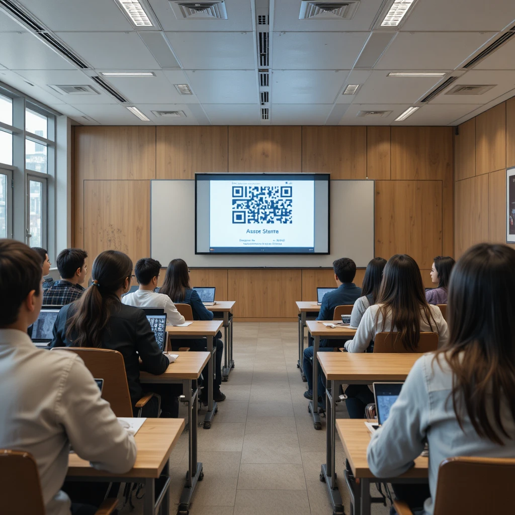 Modern classroom with students using technology and qr code