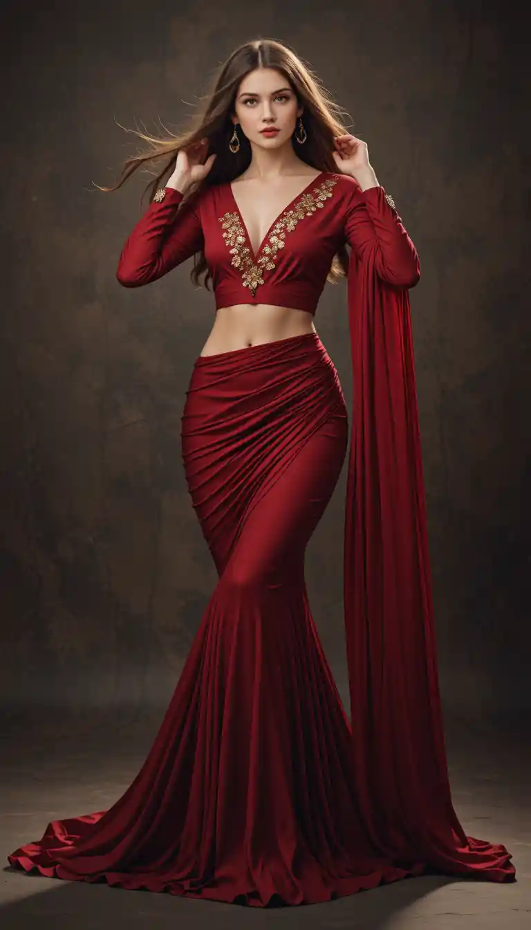 Mulher elegante em traje fusion carmim com saia drapeada e esvoaçante