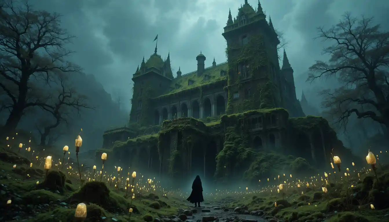 Ancient moss covered castle above a lone wandering figure
