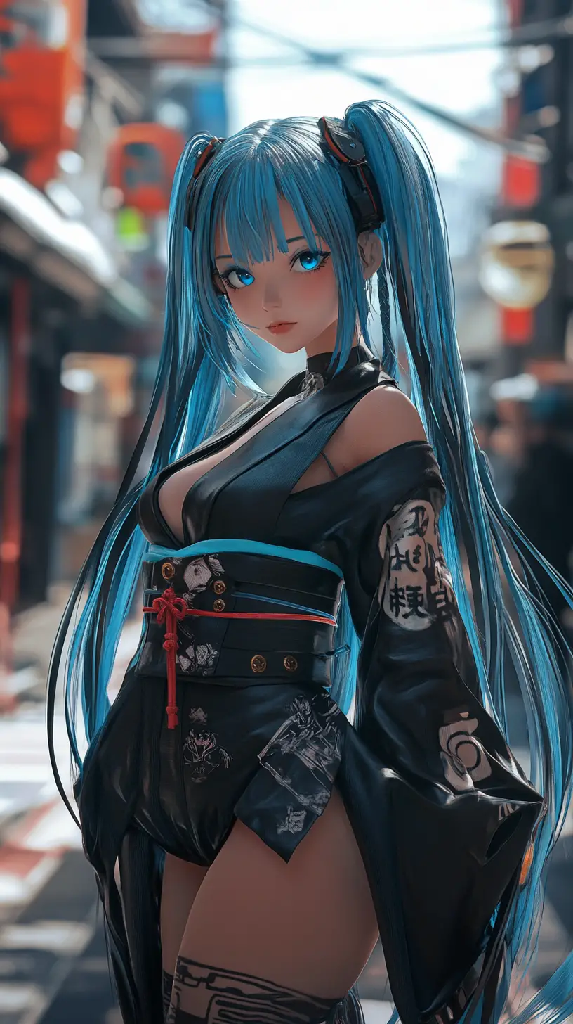 Chica de anime de ojos azules posando en un espacio público