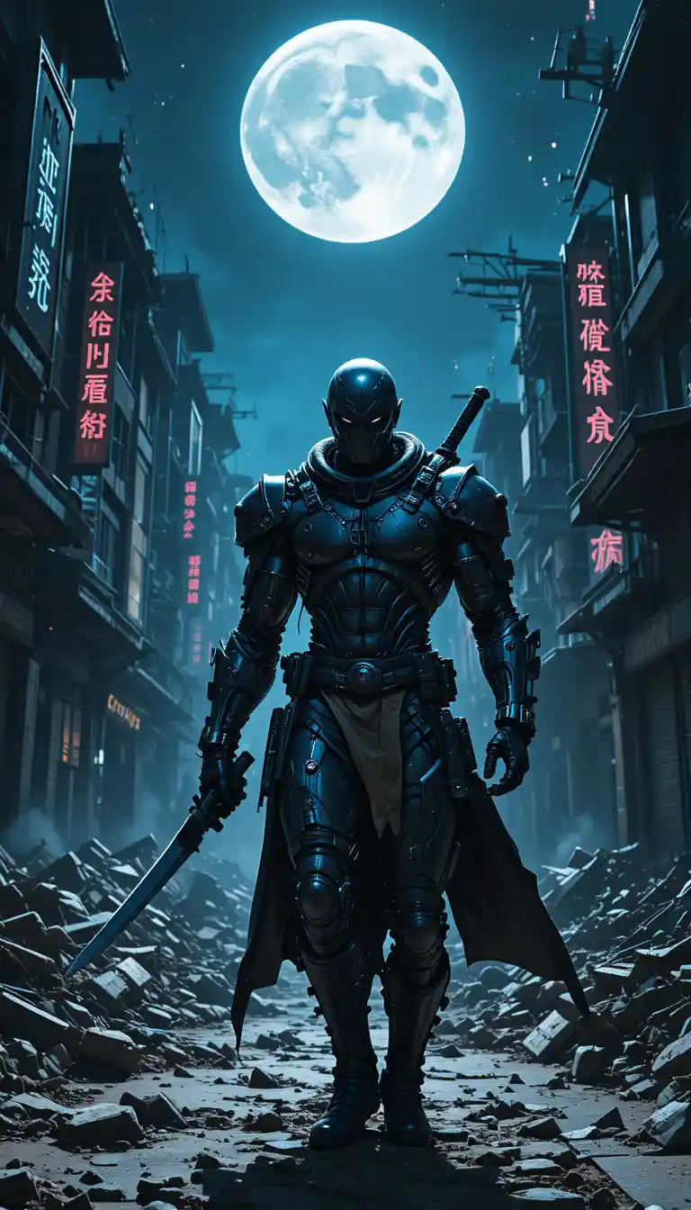 Cyborg warrior with katana in ruined moonlit city street