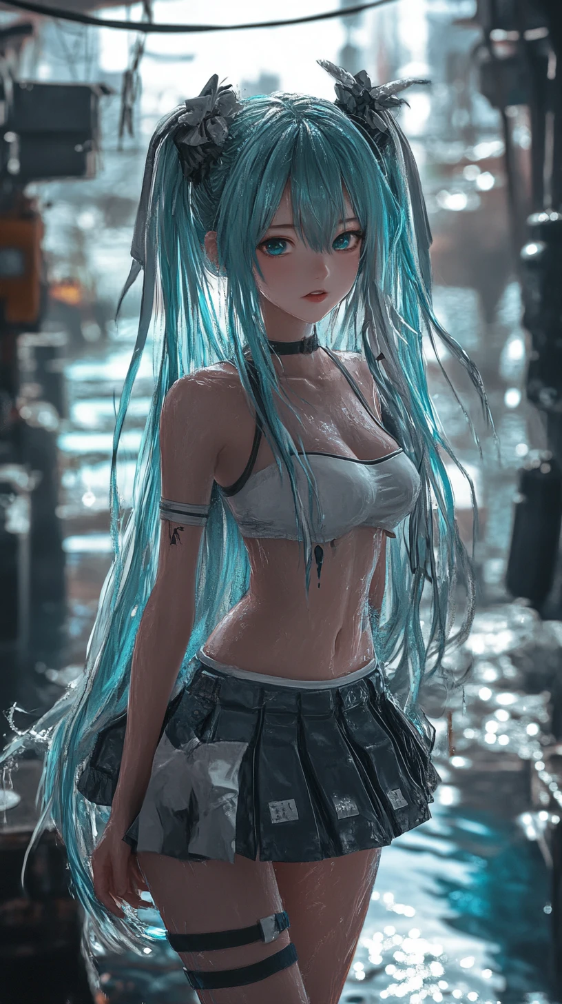 Anime woman with blue eyes standing in a public space