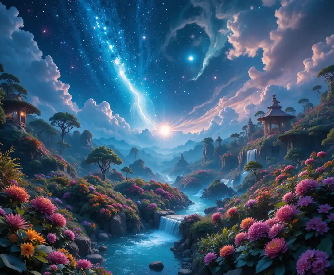 Radiant starry sky over lush riverside paradise garden