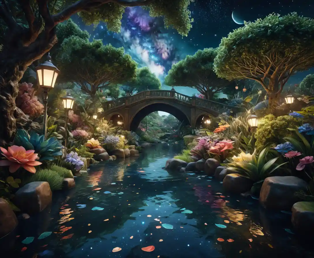 Giardino paradisiaco surreale sotto un cielo celestiale pieno di stelle