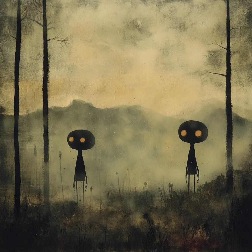 Alienígenas surrealistas deambulando entre la niebla en una base secreta