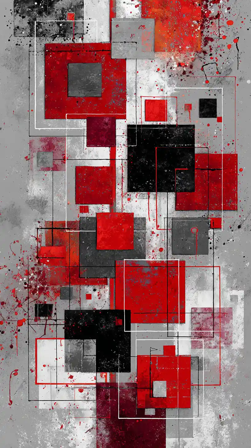 Modern abstract grid of interlocking red black and white shapes