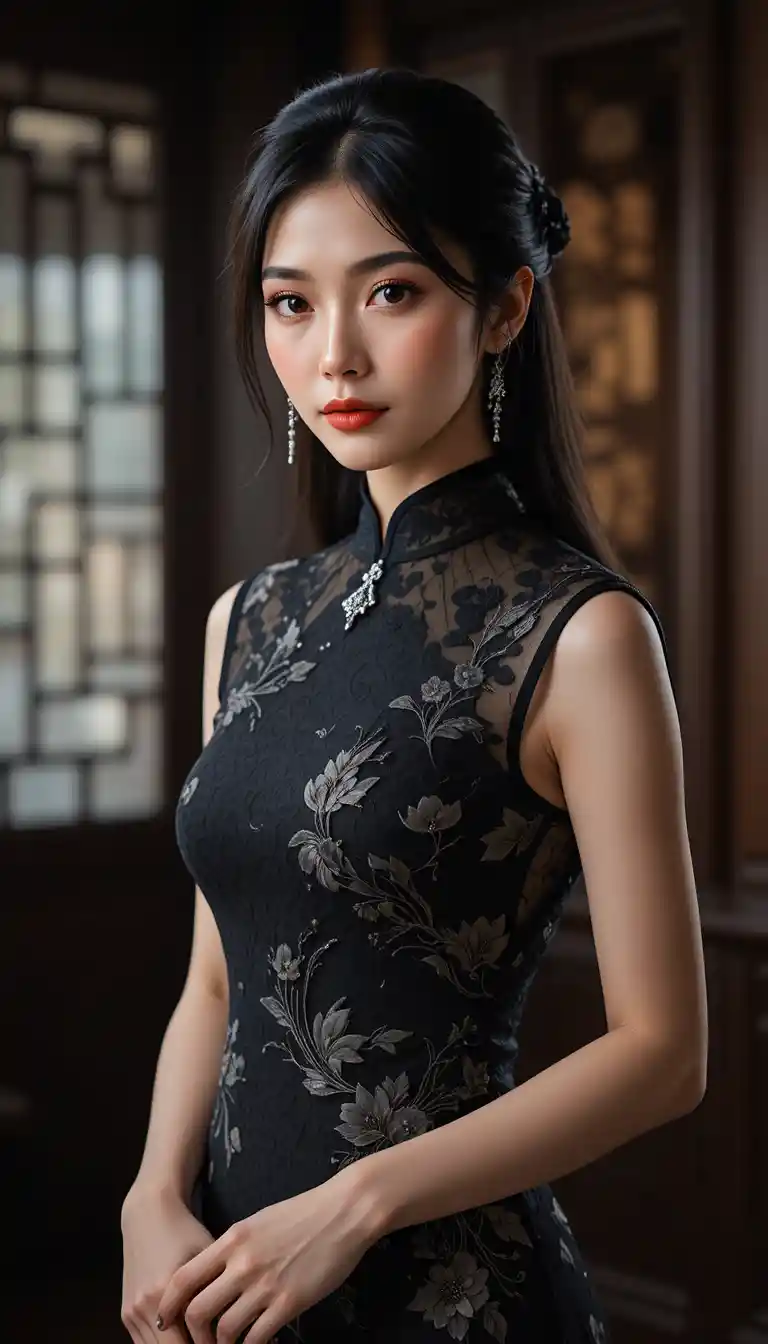 Elegante ritratto di una donna dell'Asia orientale in qipao nero
