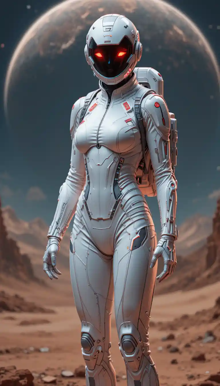 Futuristische Frau im weißen Bioprotektionsanzug auf einer fremden Welt