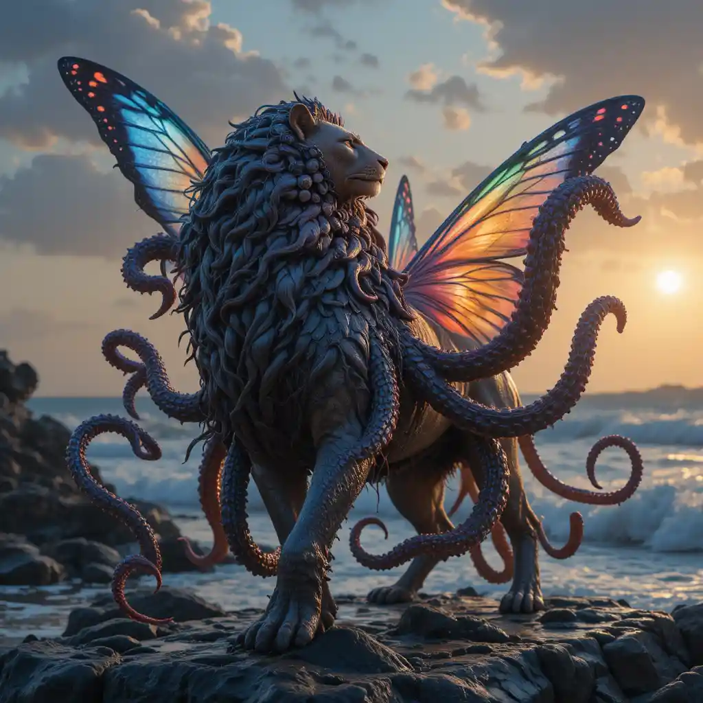 Majestic chimera lion with butterfly mane at sunset shore