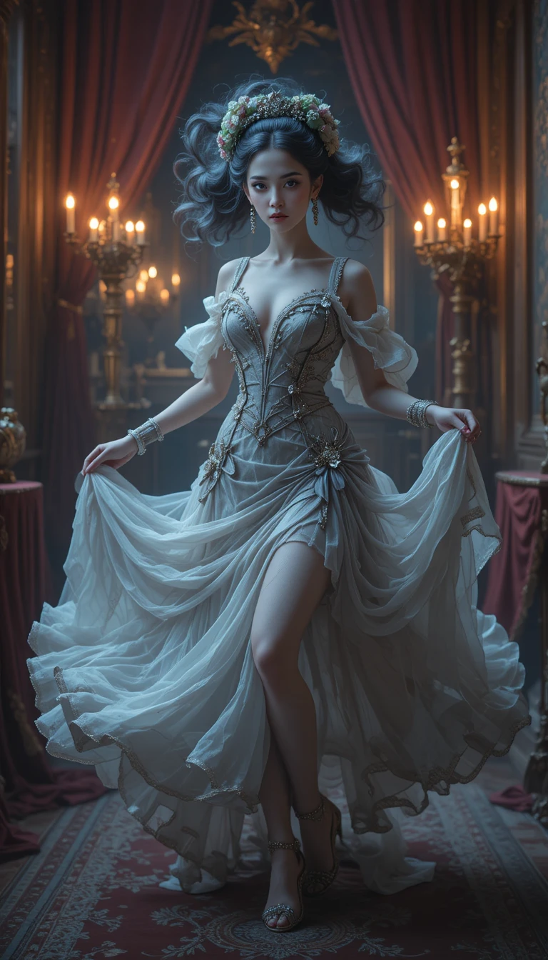 Baroque courtesan in a twisted rococo waltz pose